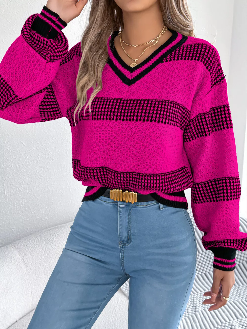 Contrast Striped V-Neck Sweater, image 16