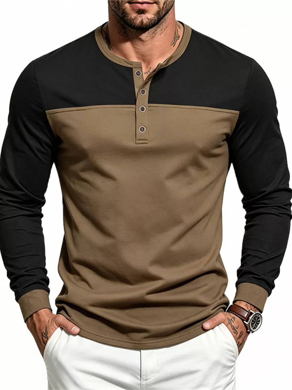 Men's Full Size Color-Block Long Sleeve Henley T-Shirt Plus Size, image 4
