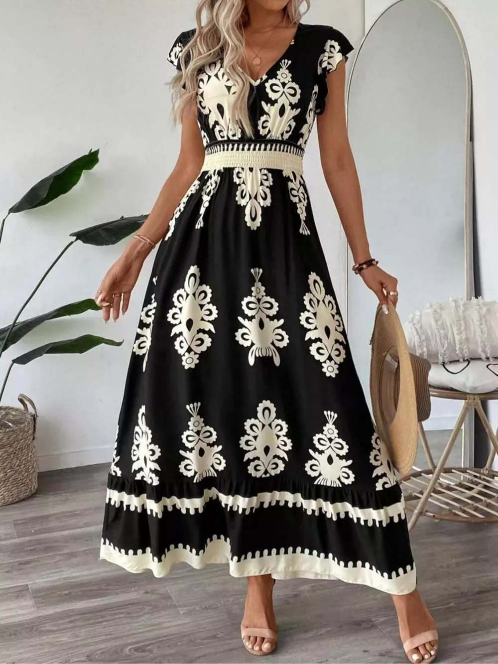 Printed V-Neck Ruffled Cap Sleeve Dress, image 16
