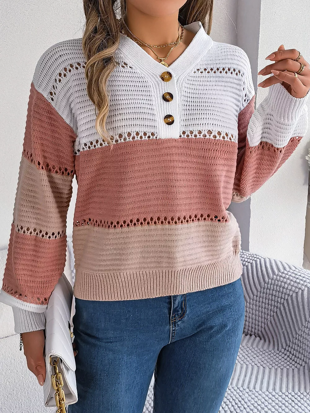 Color Block Striped V-Neck Button Detail Sweater, image 13