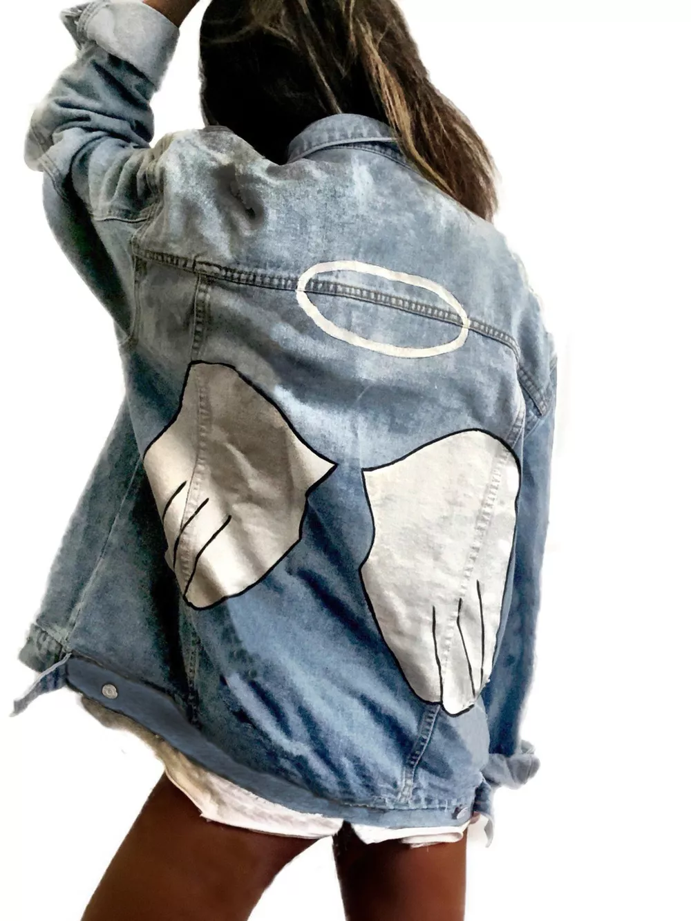 Full Size Angel Wings Graphic Back Denim Jacket Plus Size, image 5