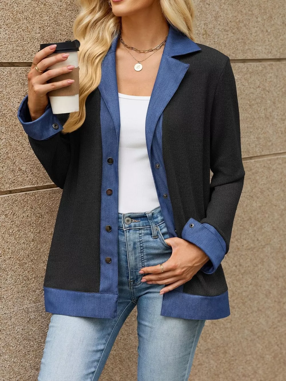 Contrast Denim Lapel Collar Outerwear, image 2