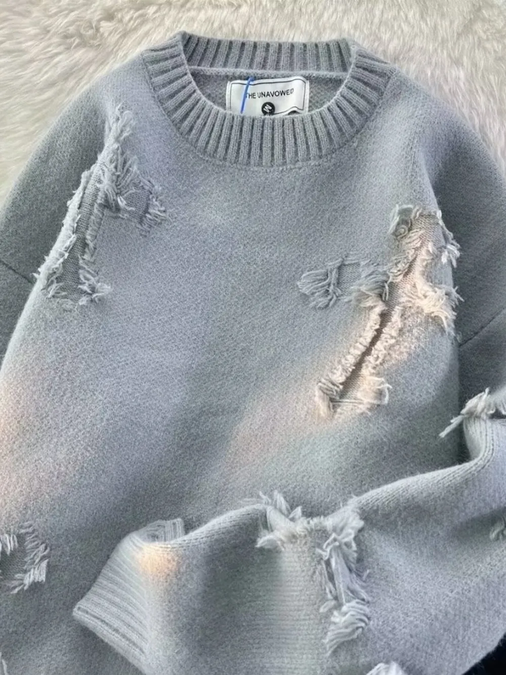 Men's Plus Size Distressed Knit Pullover Sweater, image 2