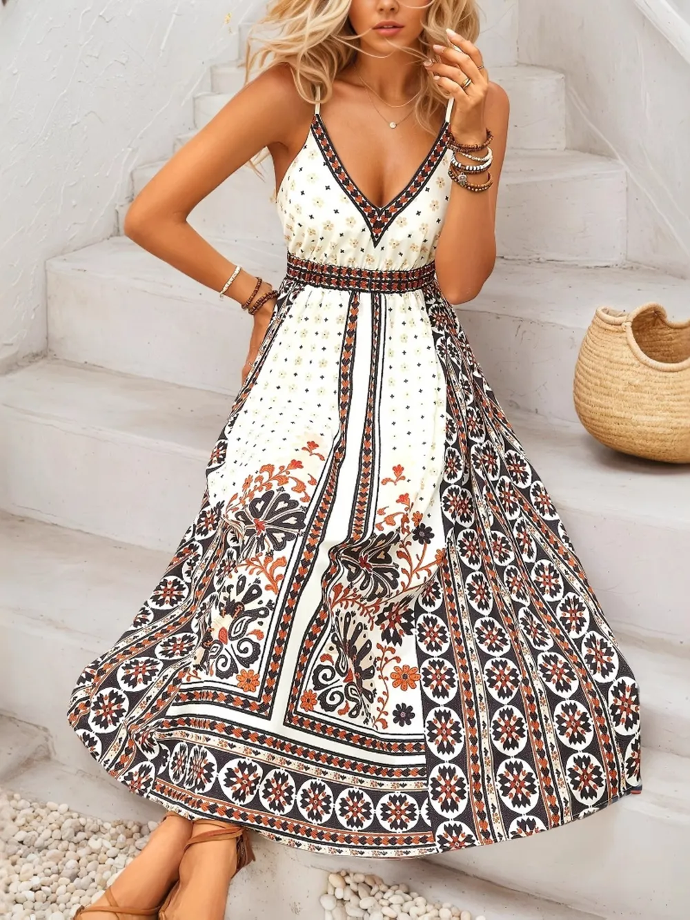 Printed V-Neck Midi Cami Dress, image 2