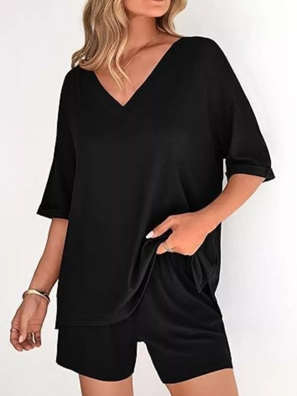 Solid Color V-Neck and Shorts Set, image 9