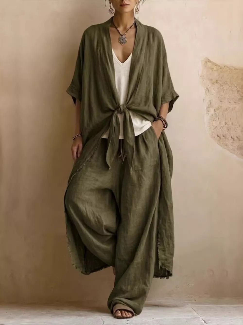 Full Size Tie-Front Cardigan and Wide-Leg Pants Set Plus Size, image 7