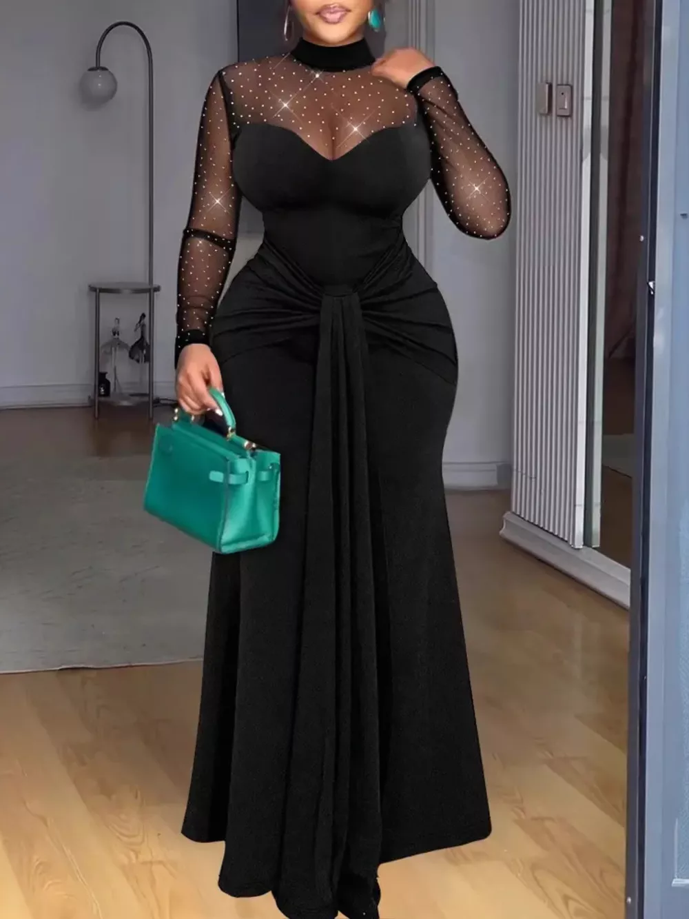 Mesh Mock Neck Long Sleeve Maxi Dress, image 5