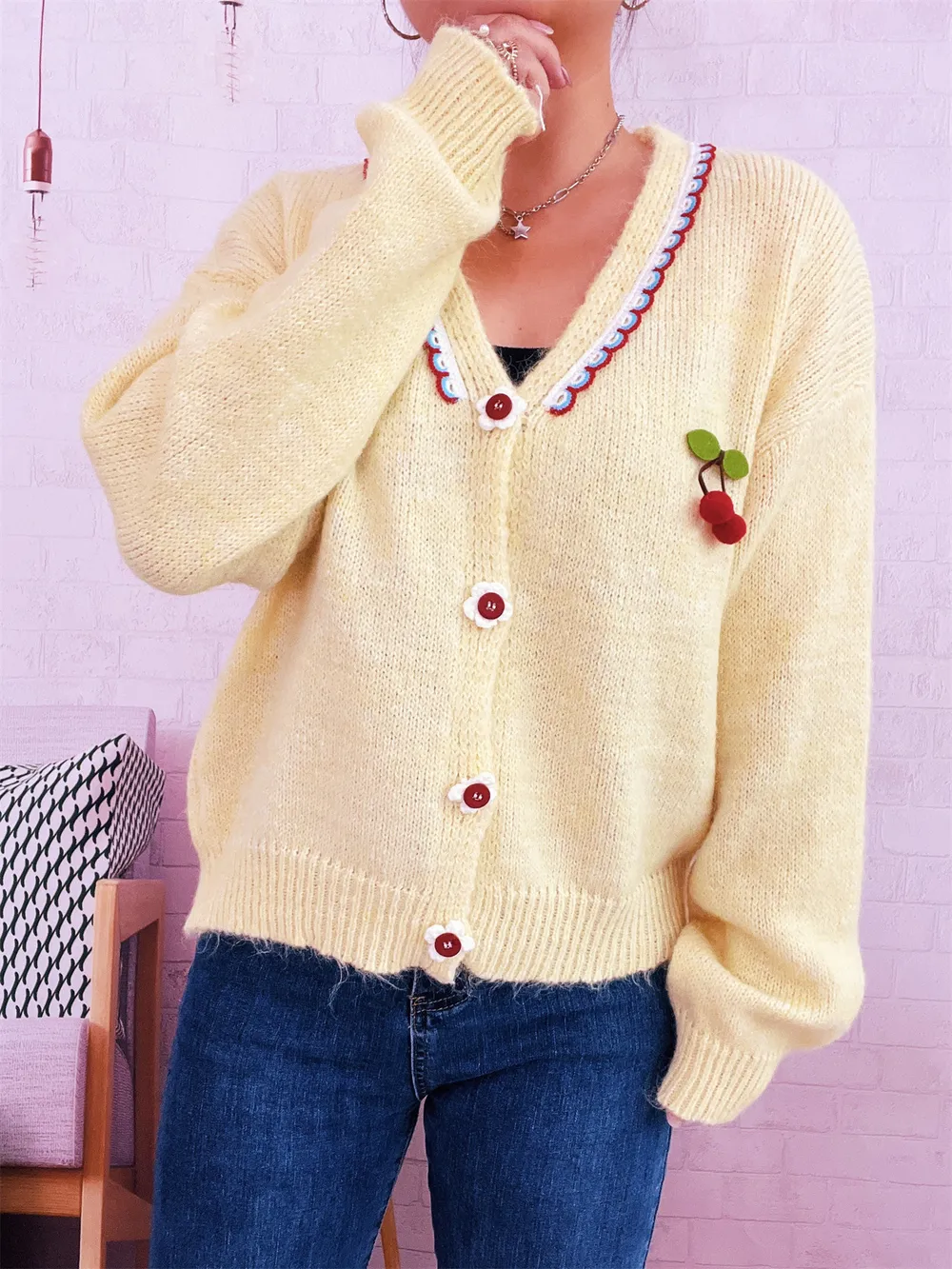 Cherry Button-Front Long Sleeve Cardigan, image 18