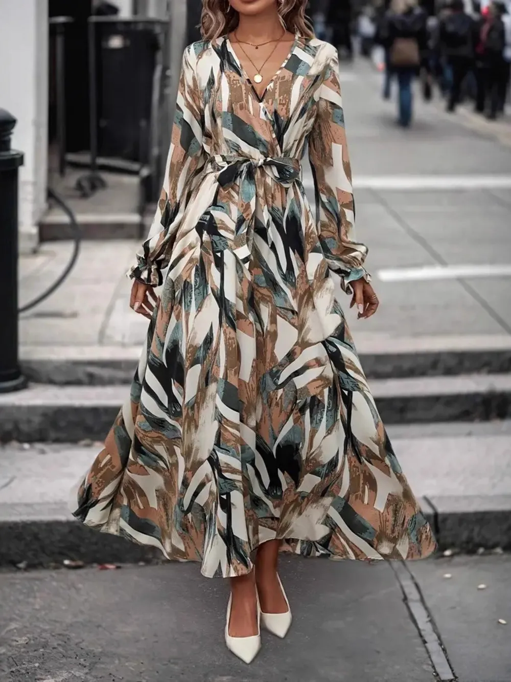 Printed Surplice Flounce Sleeve Maxi Dress
