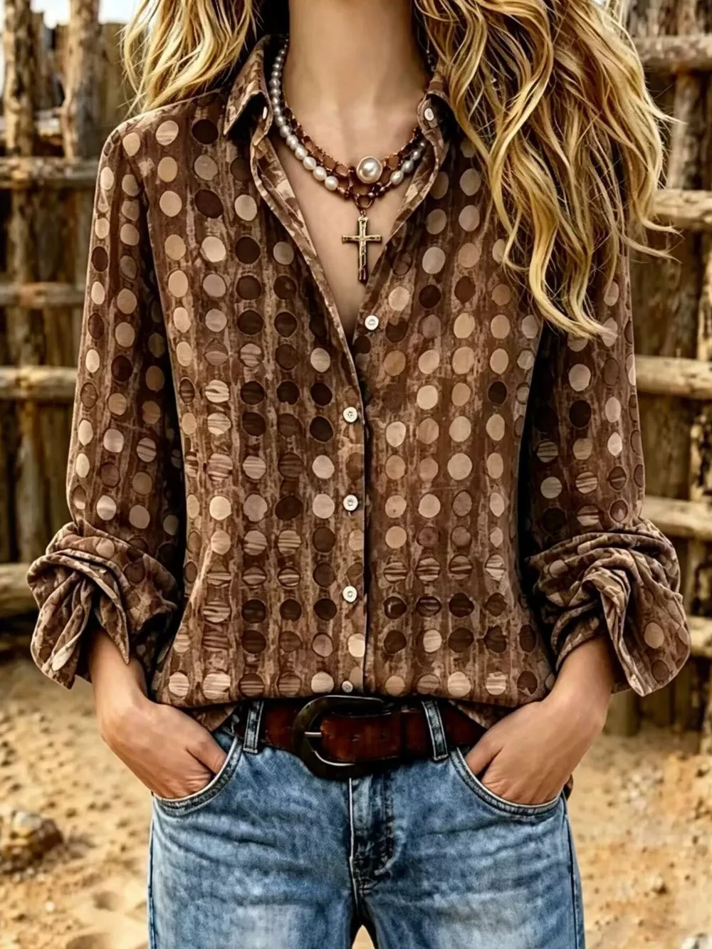 Full Size Circle Pattern Long Sleeve Shirt Plus Size, image 3