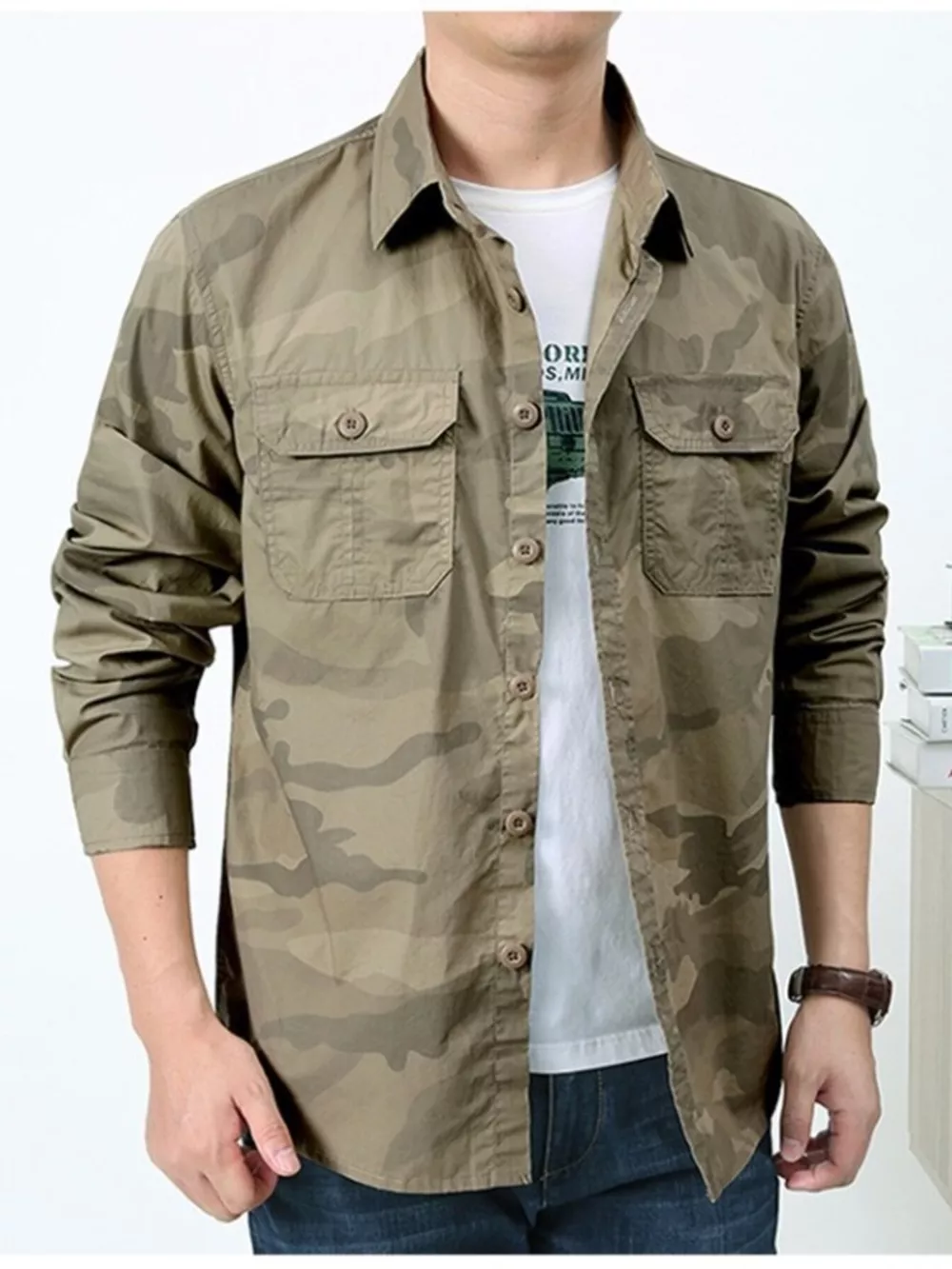 Men's Plus Size Camouflage Print Long Sleeve Shirt, image 8