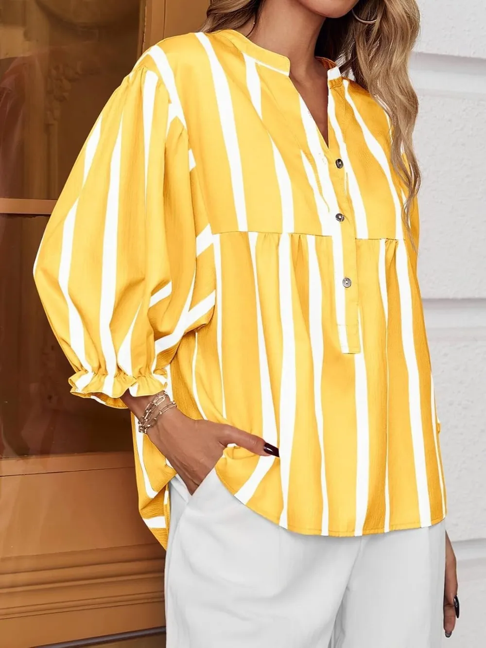 Striped Button Front Notched Blouse, image 16