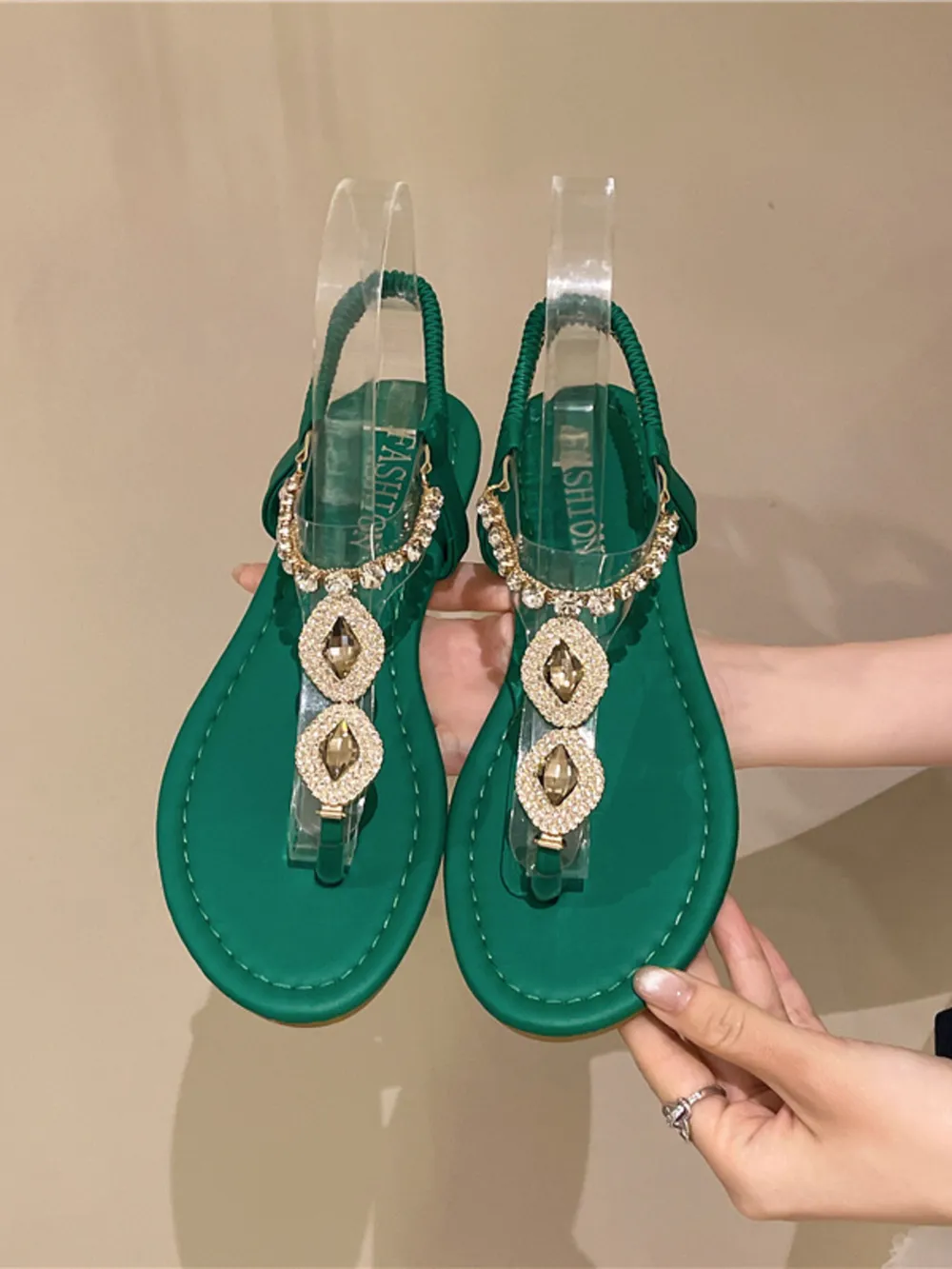 Rhinestone T-Strap Flat Sandals, image 5