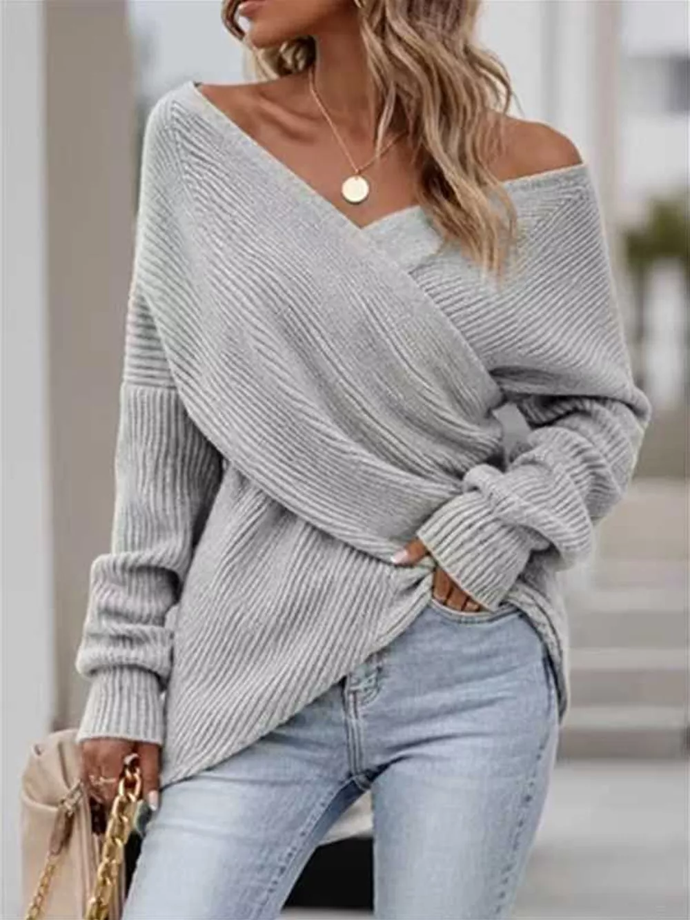 Crisscross Ribbed Knit Long Sleeve Sweater, image 5