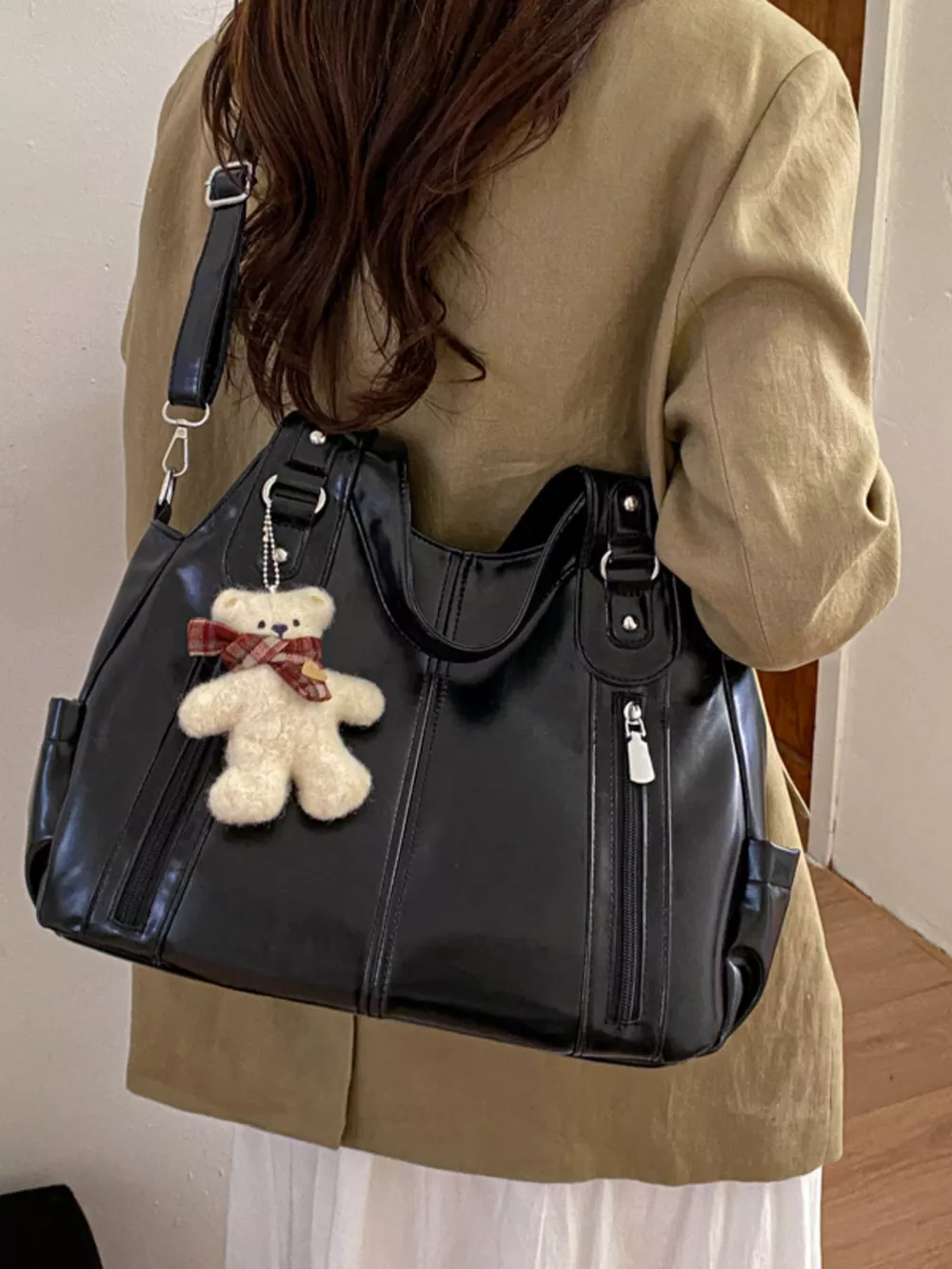 Leather Shoulder Bag with Bear Charm, image 7