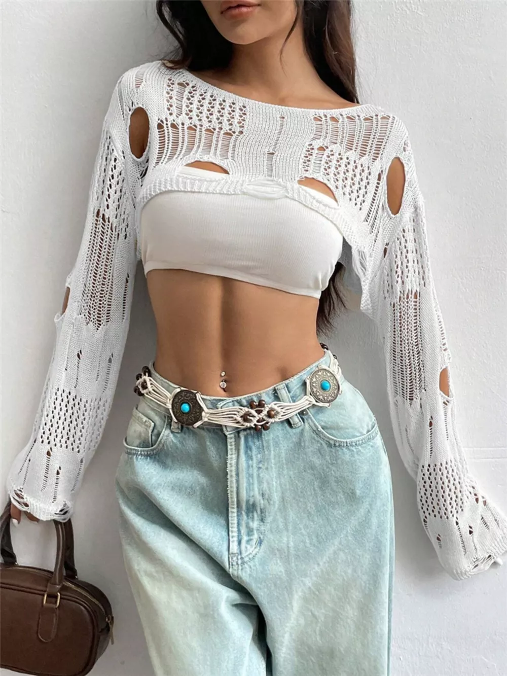 Distressed Cropped Knit Cover Up, image 6