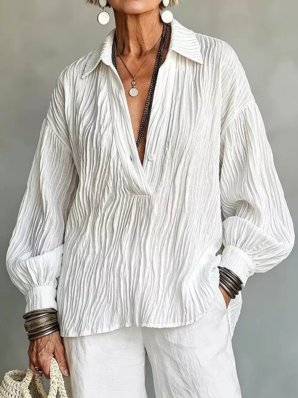Full Size Texture Long Sleeve Blouse Plus Size, image 3