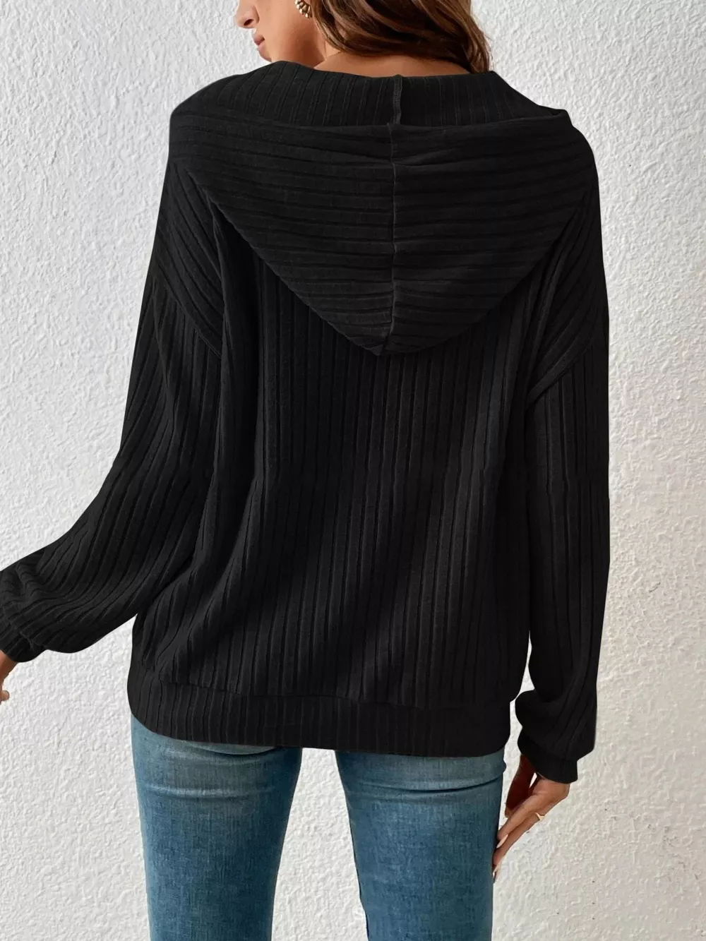 Casual Ribbed Knit Drawstring Hoodie, image 7