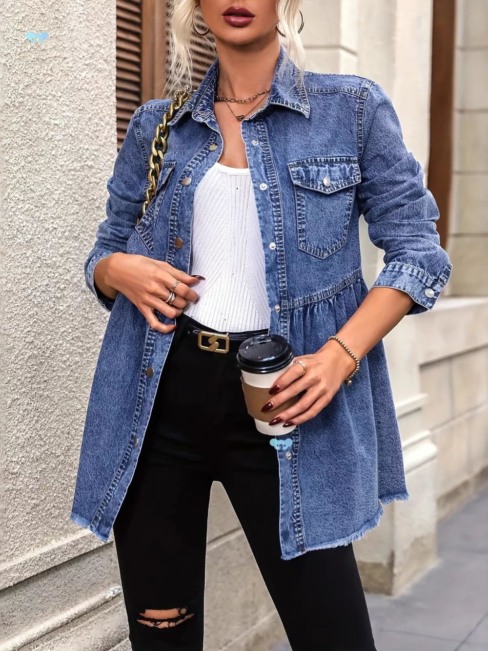 Peplum Hem Denim Jacket with Button-Down Front, image 3