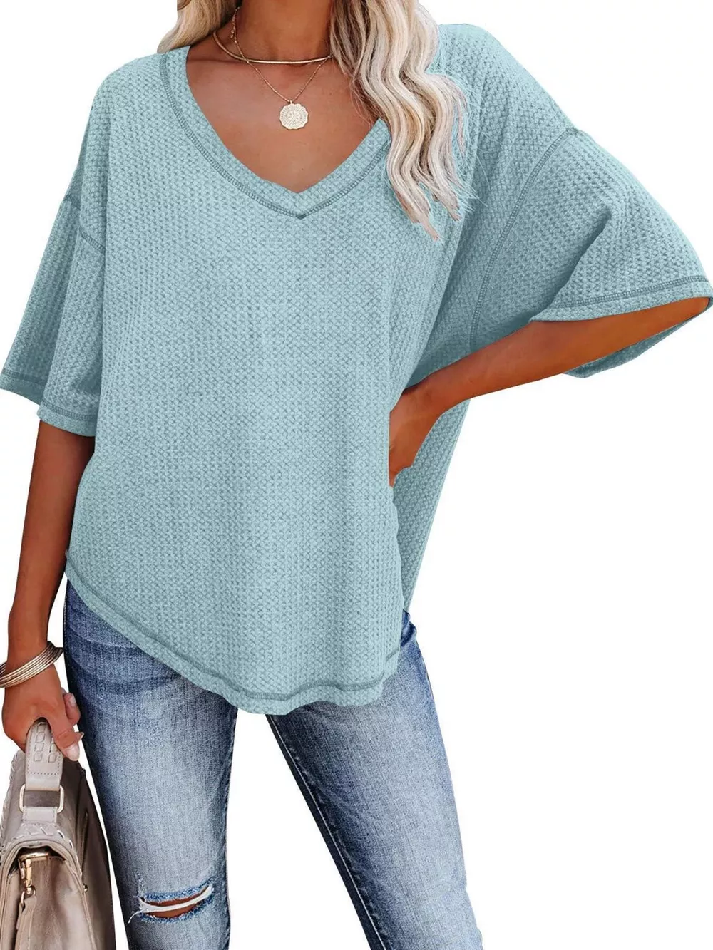 Waffle Knit V-Neck Short Sleeve T-Shirt, image 20