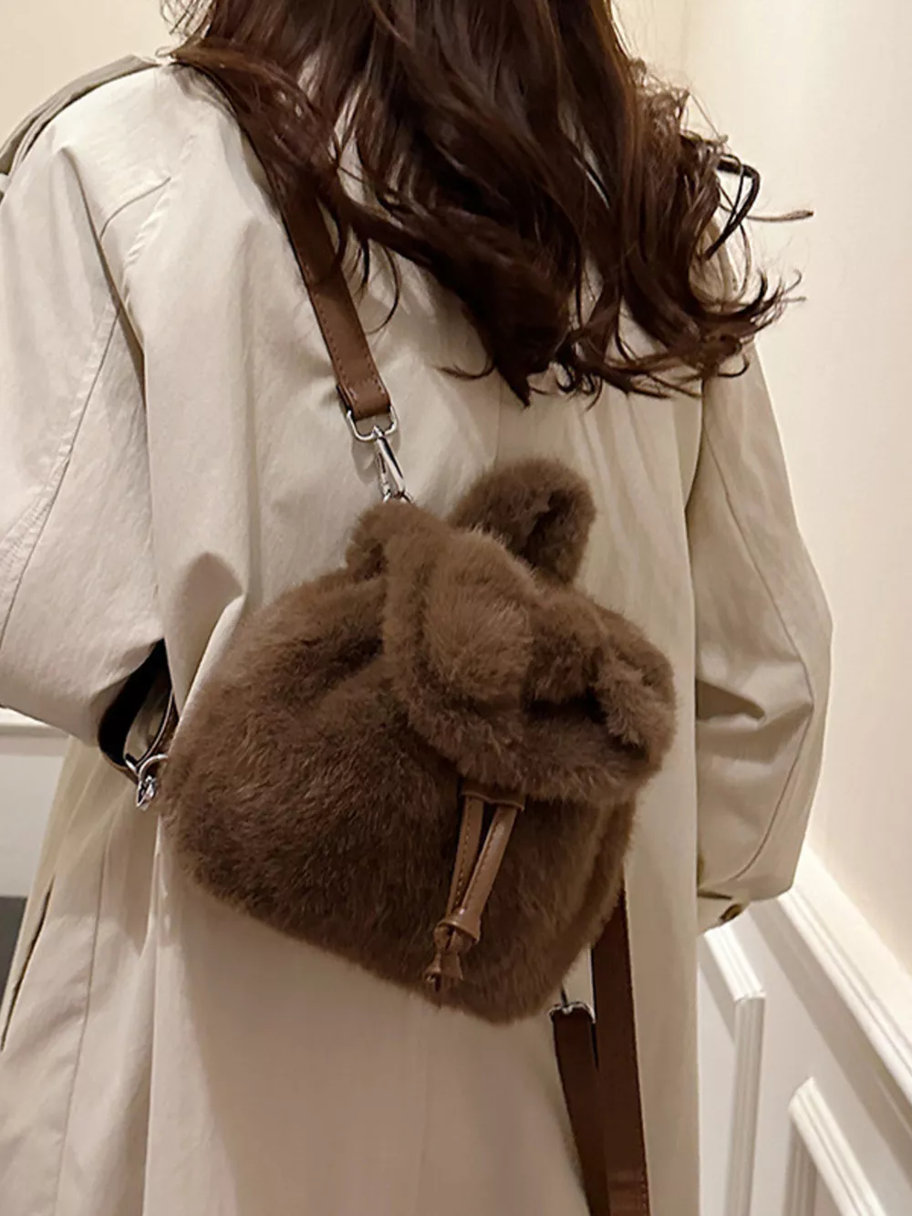 Fuzzy Plush Drawstring Backpack Bag, image 13