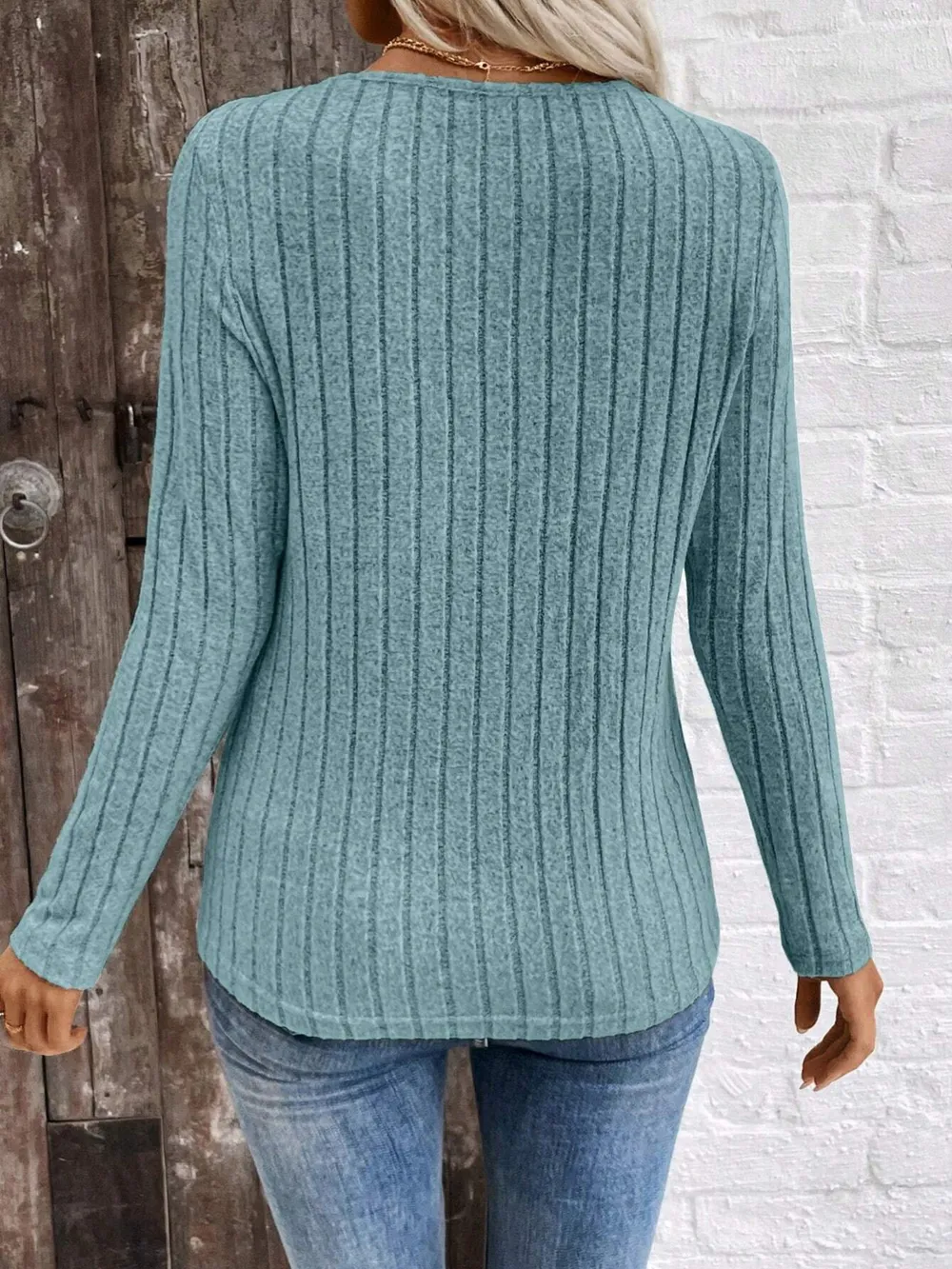 Ribbed V-Neck Long Sleeve Knit T-Shirt, image 8