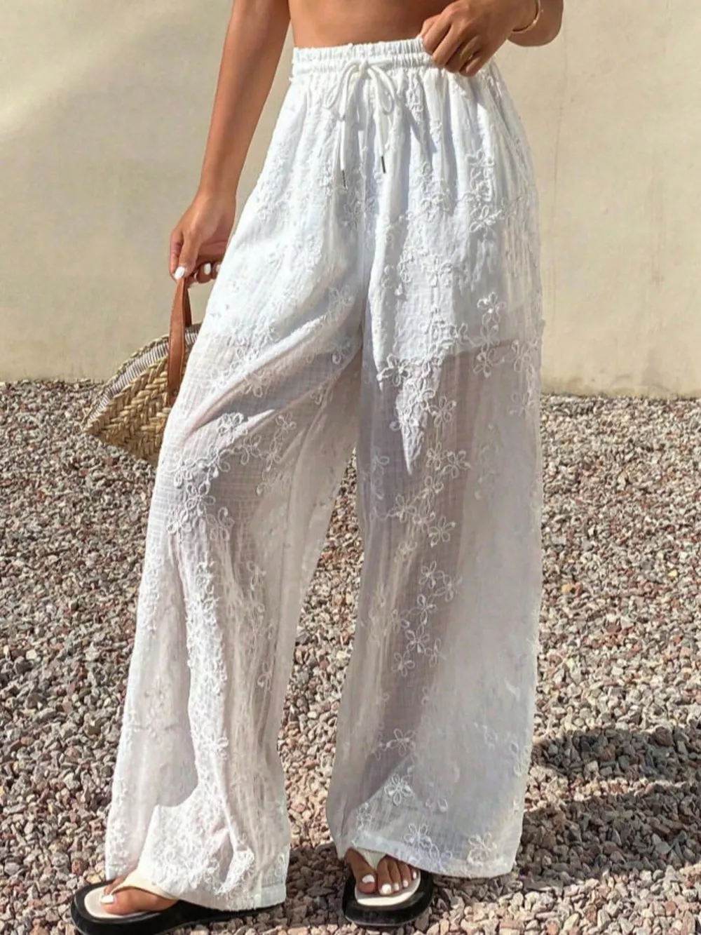 High-Waisted Sheer Floral Embroidered Wide-Leg Pants, image 4