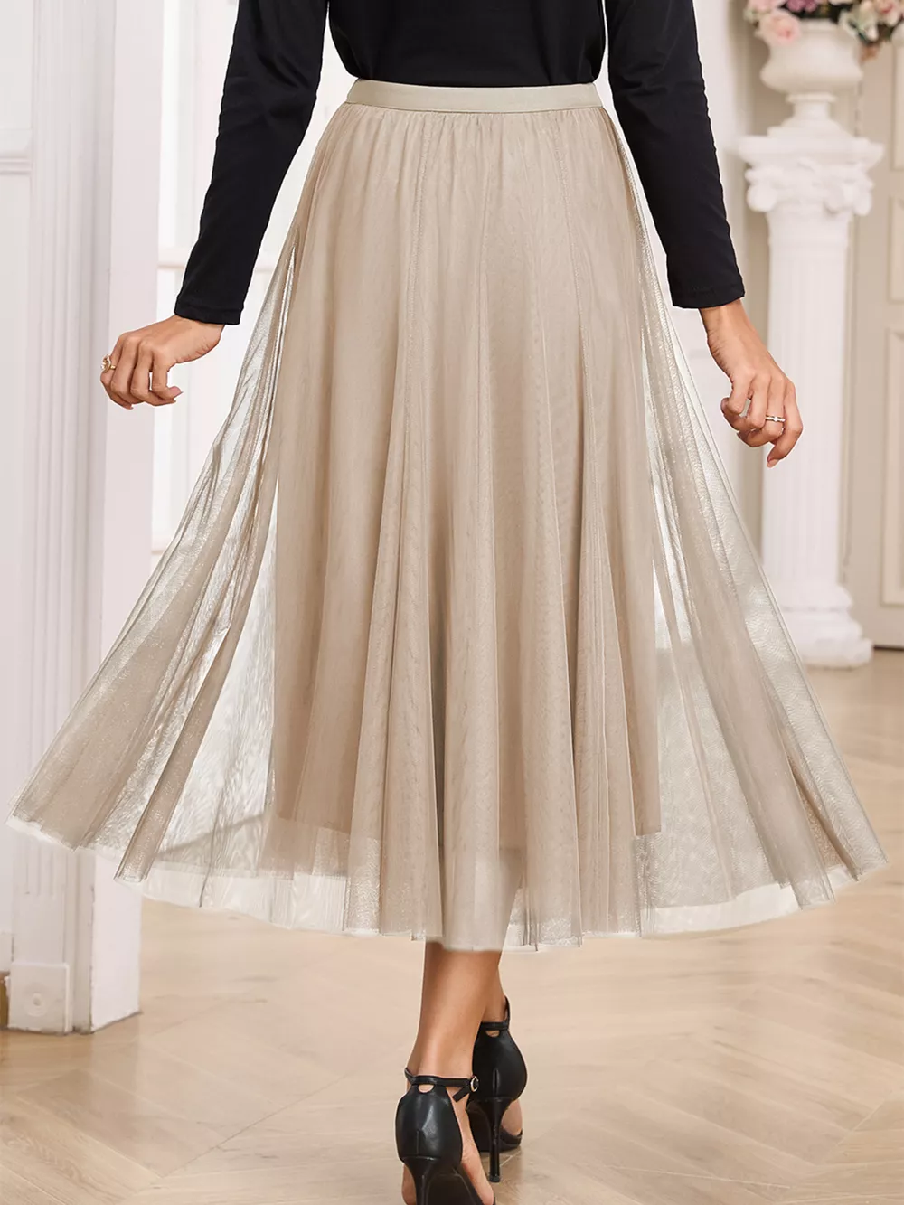 Tulle Mesh Overlay Flared Midi Skirt, image 4