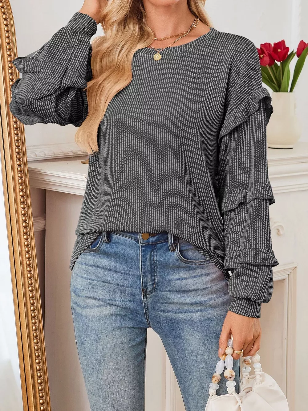 Round Neck Ruffled Long Sleeve Sweatshirt, image 4