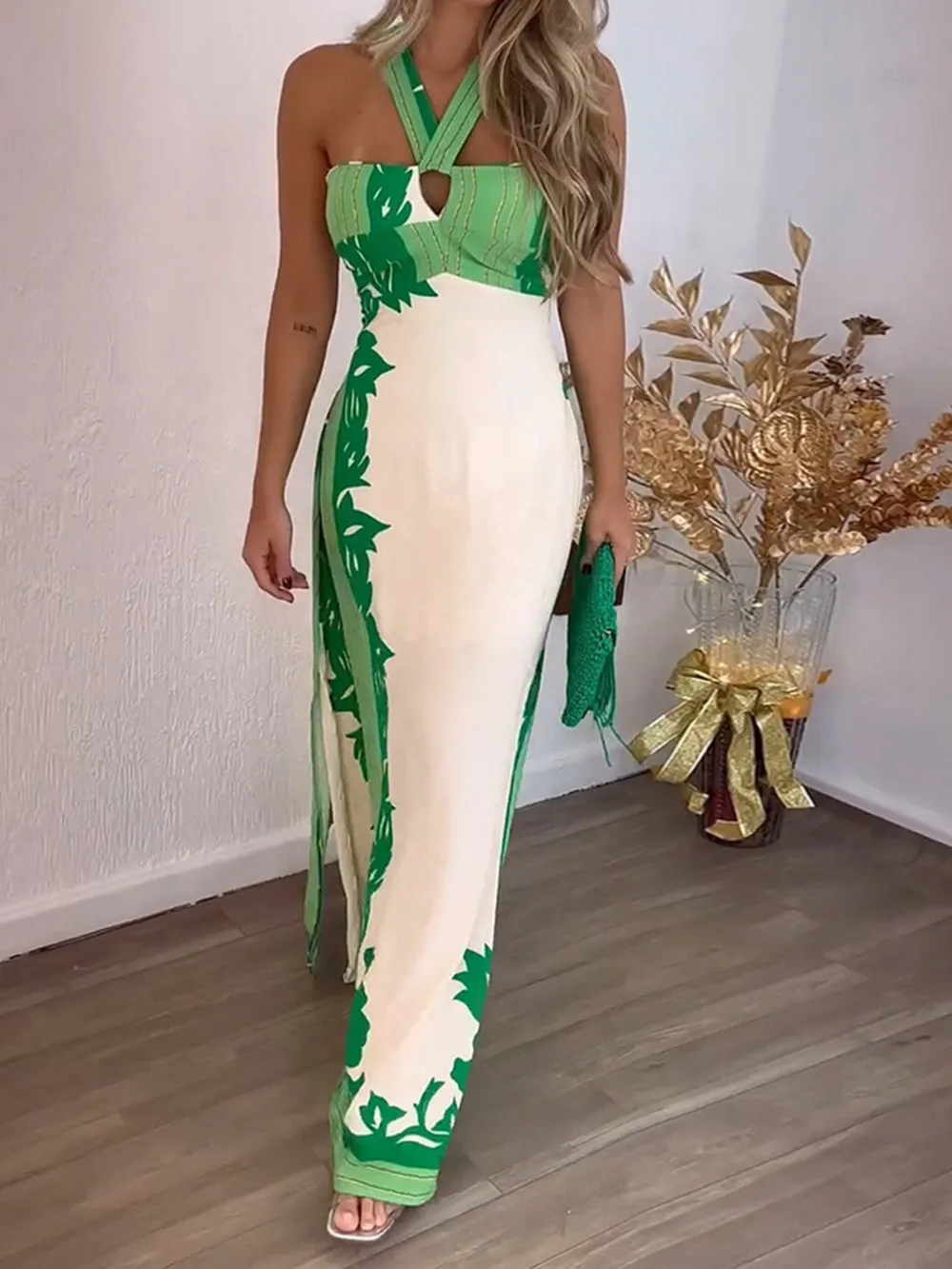 Halter Neck Leaf Print Maxi Dress, image 5