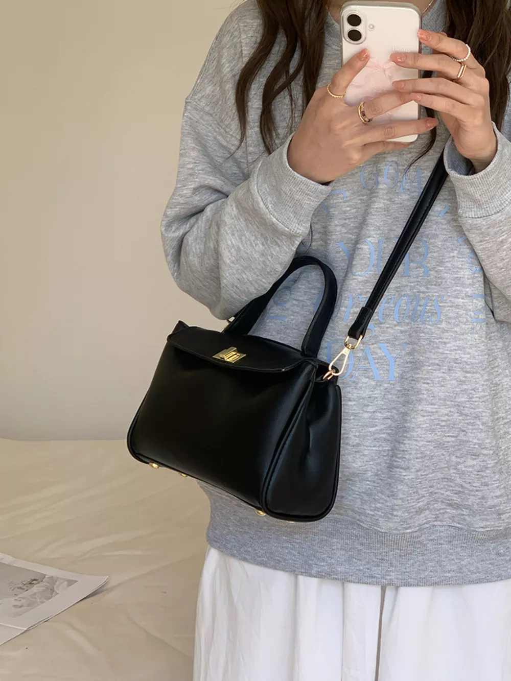 Golden Clasp Leather Crossbody Bag, image 13