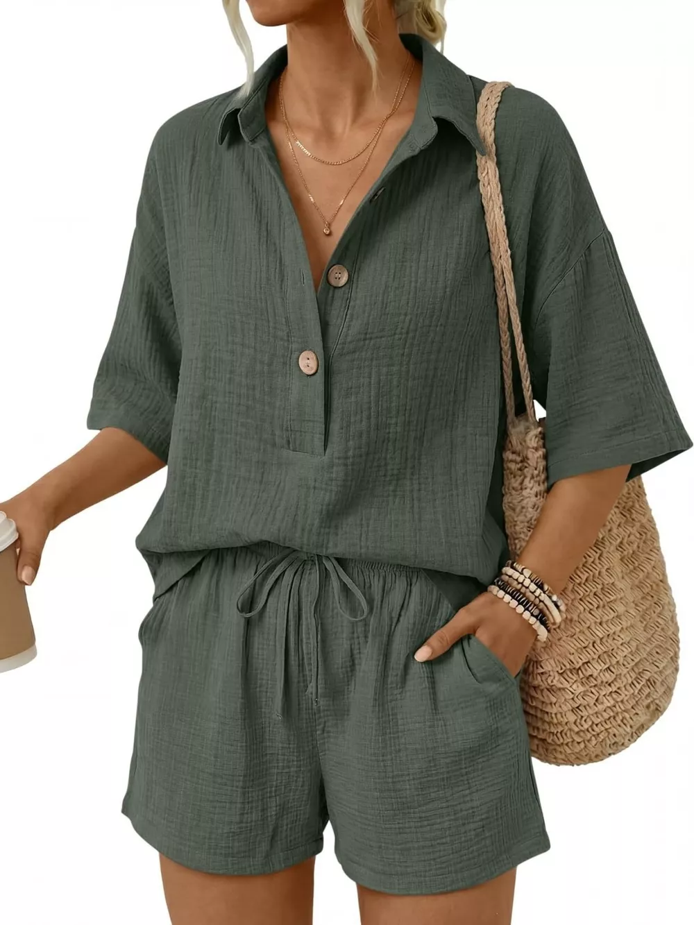 Linen Button Front Short Sleeve Top and Shorts Set, image 3