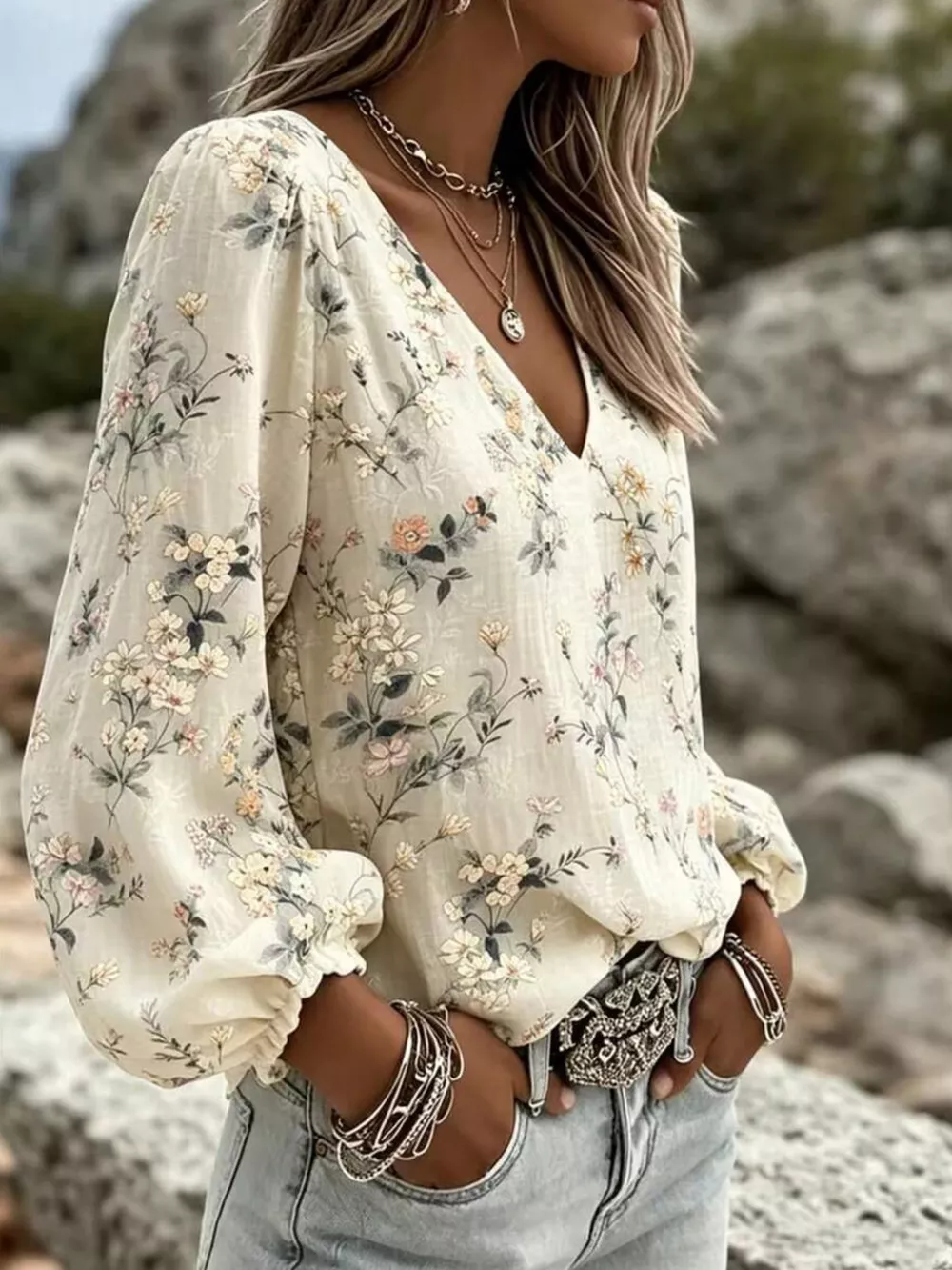 Floral Print V-Neck Long Sleeve Blouse, image 3
