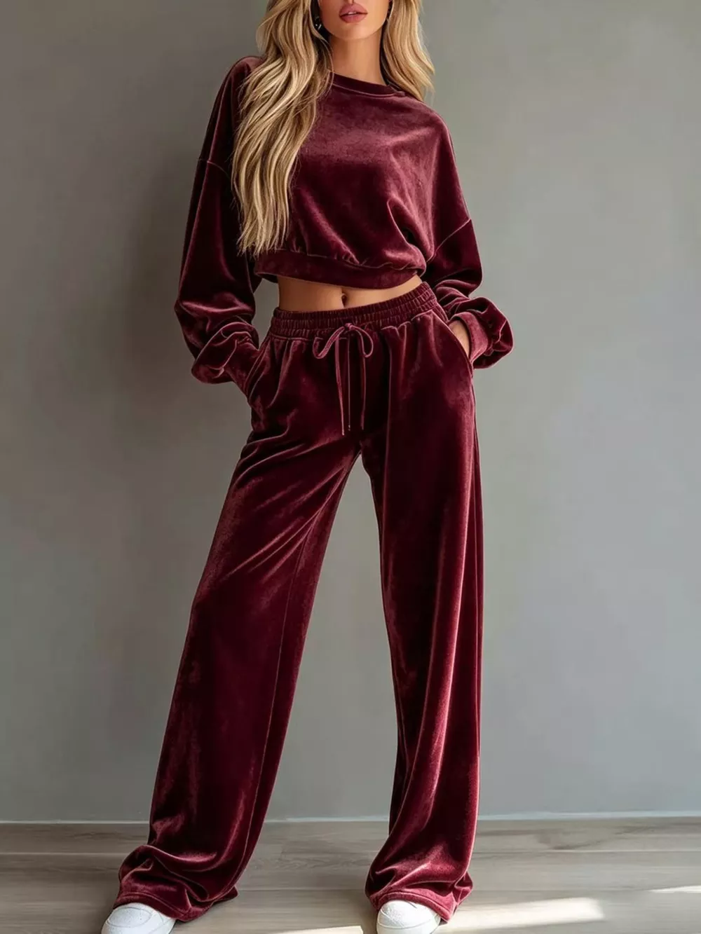 Full Size Cropped Sweatshirt and Wide-Leg Pants Set Plus Size
