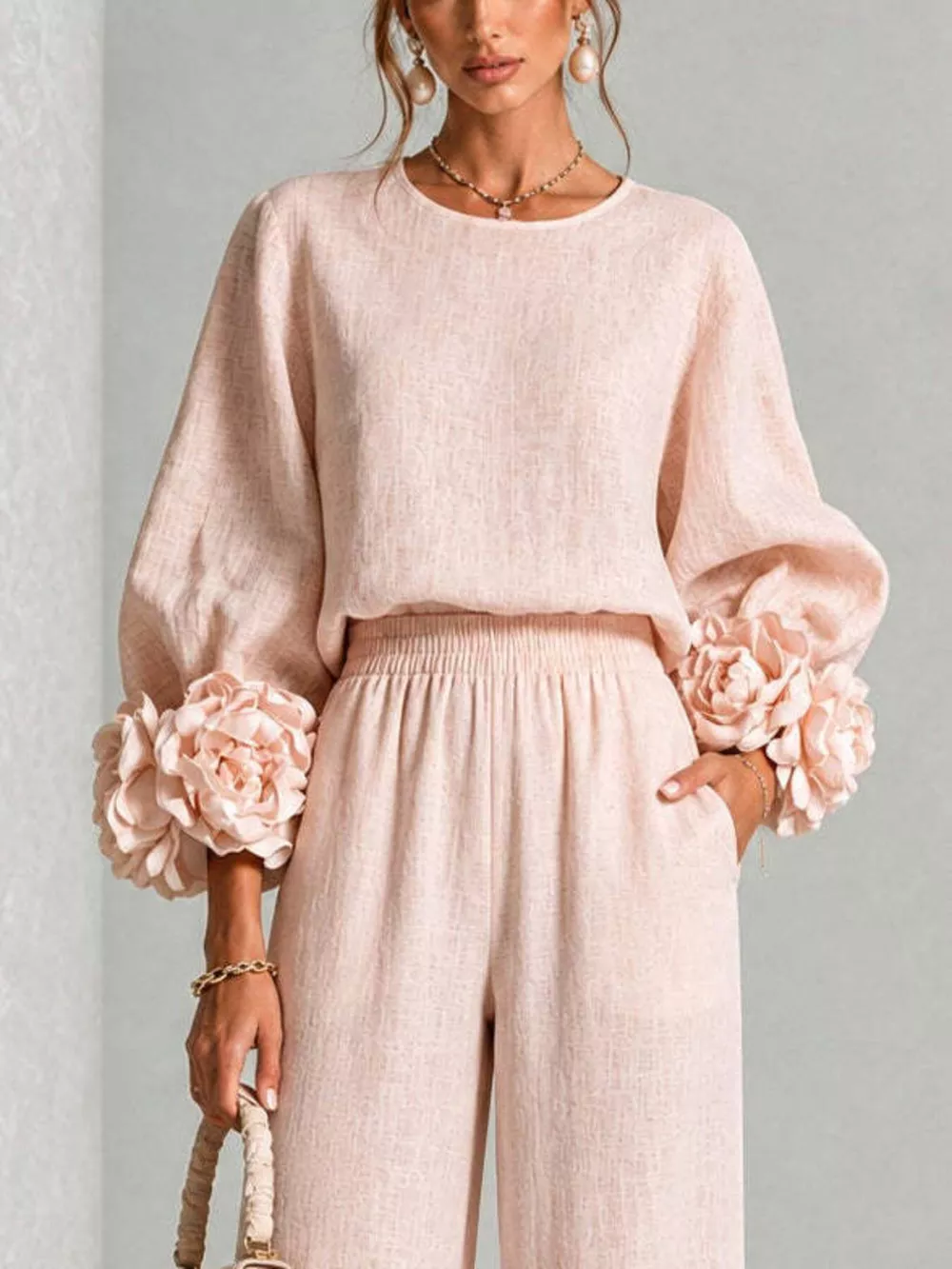 Full Size Floral Cuffs Top and Wide Leg Pants Set Plus Size, image 5
