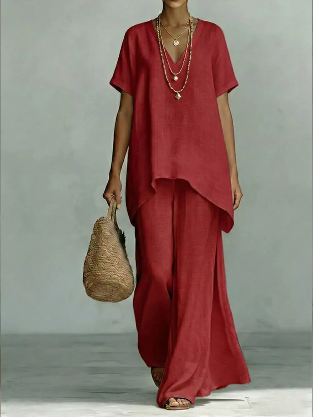 Full Size V-Neck Top and Wide-Leg Pants Set Plus Size, image 8