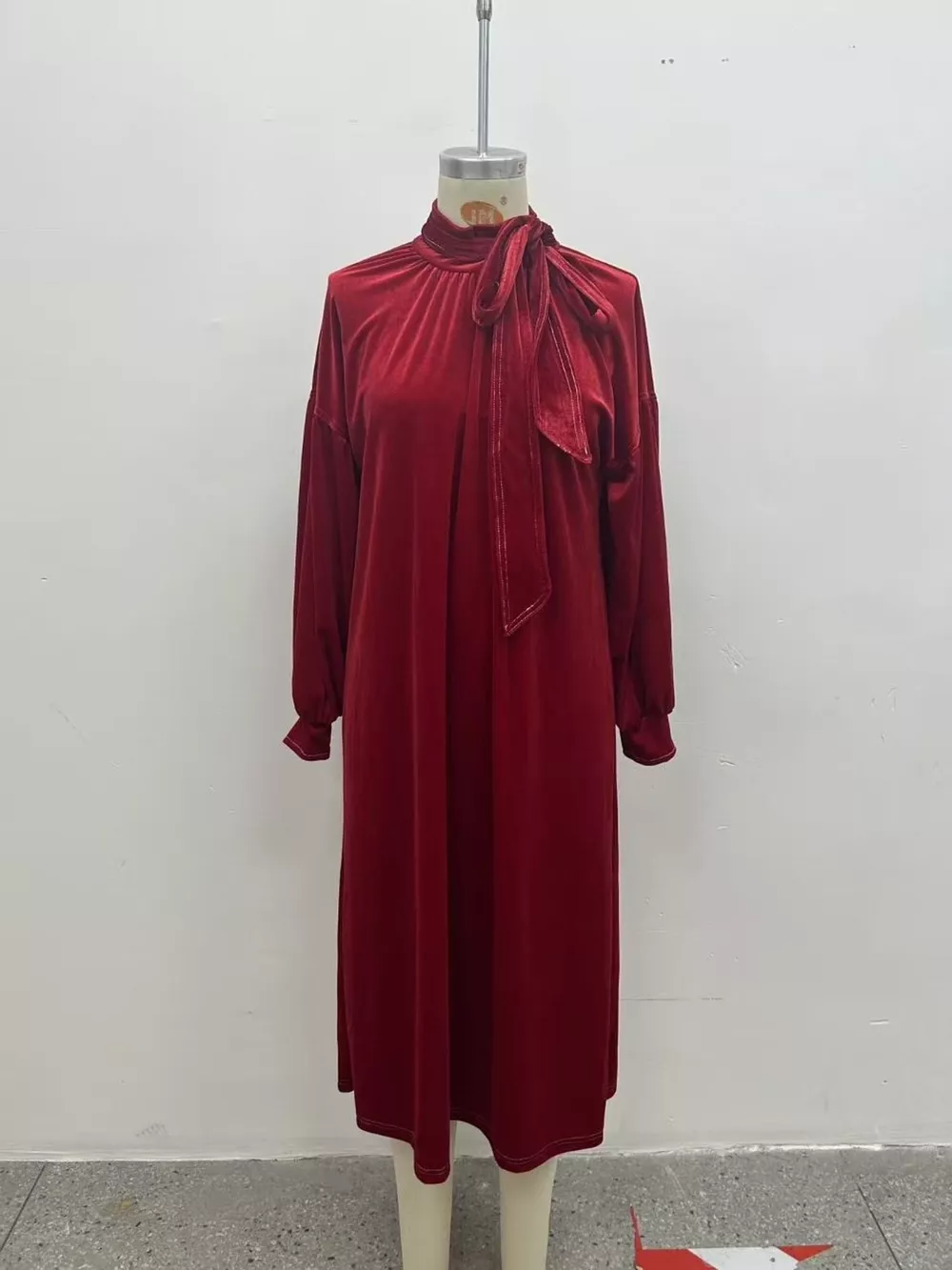 Full Size Velvet Tie-Neck Lantern Sleeve Midi Dress Plus Size, image 6