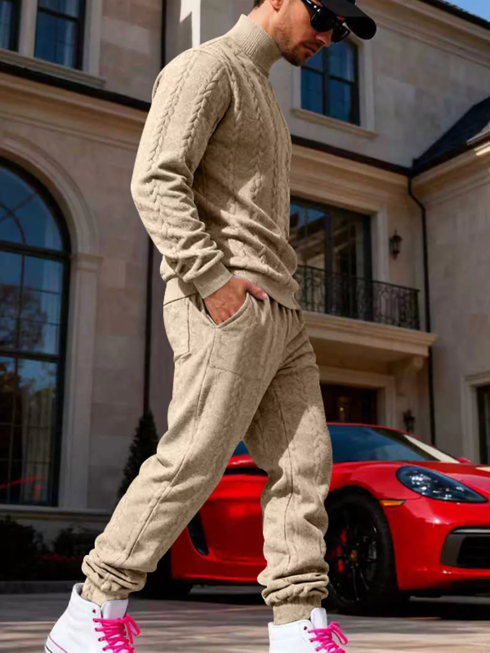 Men's Full Size Cable Knit Mock Neck Sweater and Joggers Set Plus Size, image 12
