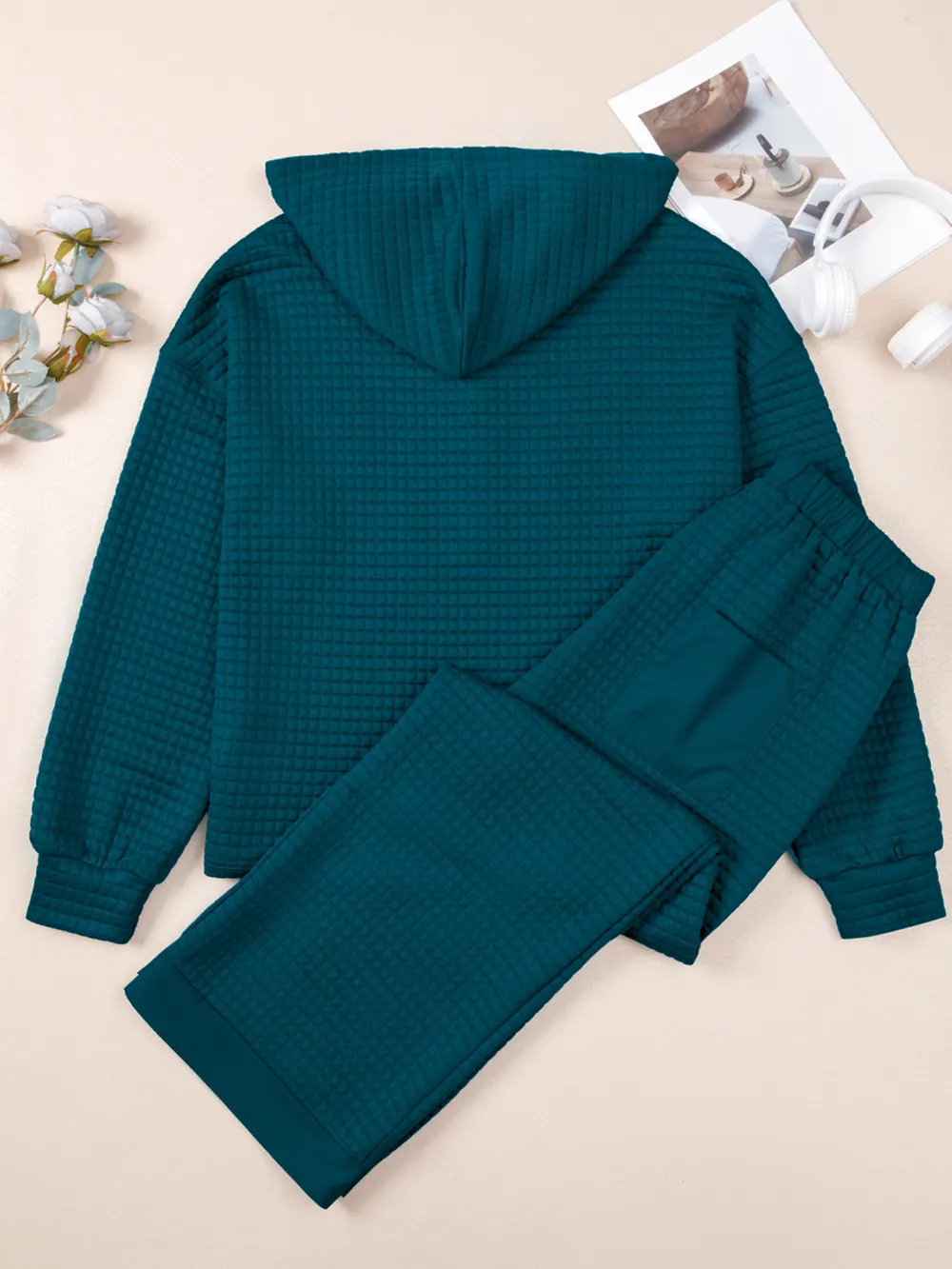 Waffled Textured Raw Edge Patchwork Top and Pants 2pcs Set, image 9