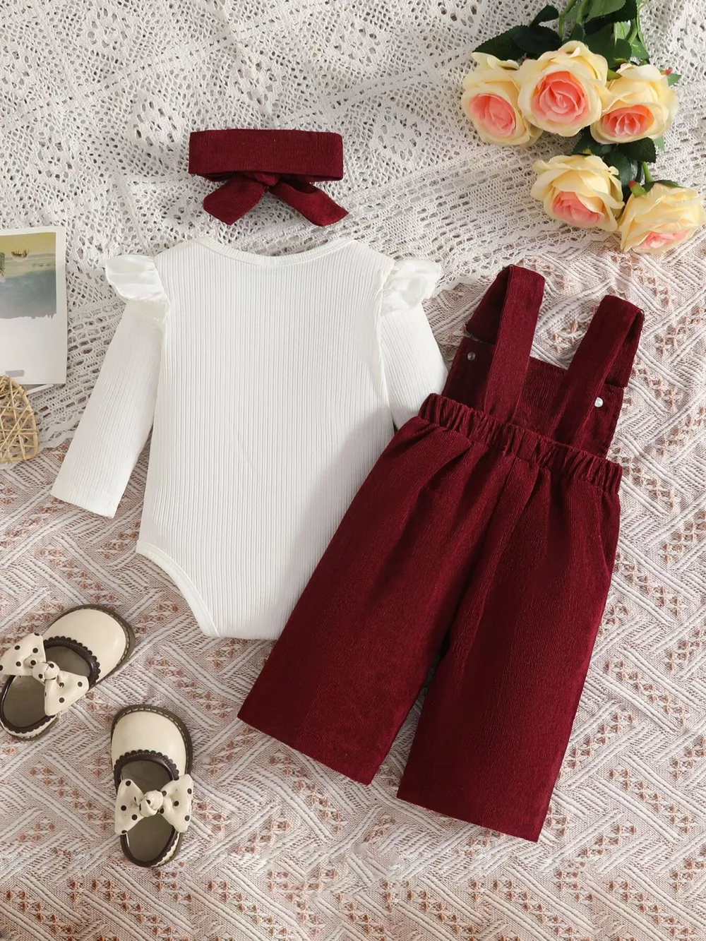 Children's Ribbed Bodysuit and Bow-Embroidered Overall Set with Headband, image 8