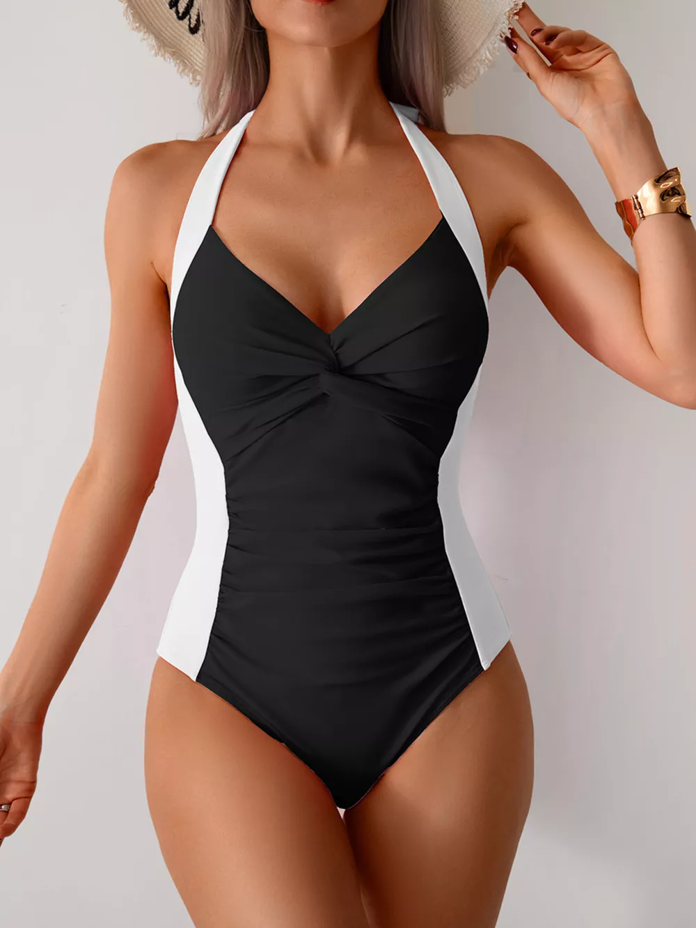 Twisted Front Halter Neck Ruched One-Piece Swimsuit, image 24