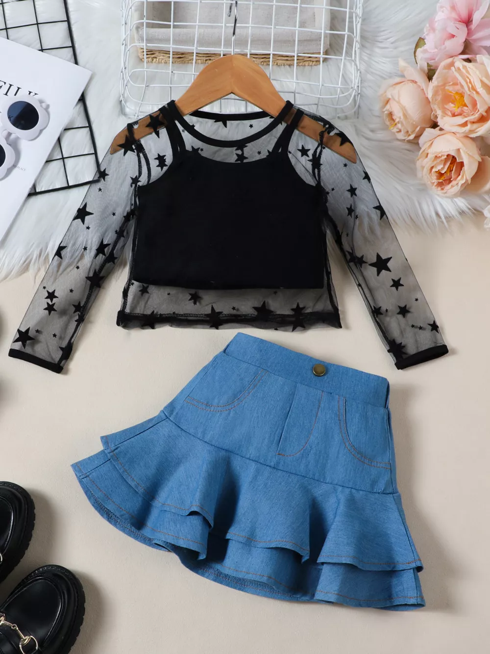 Children's Cami & Star Print Mesh Top & Ruffle Denim Skirt Set