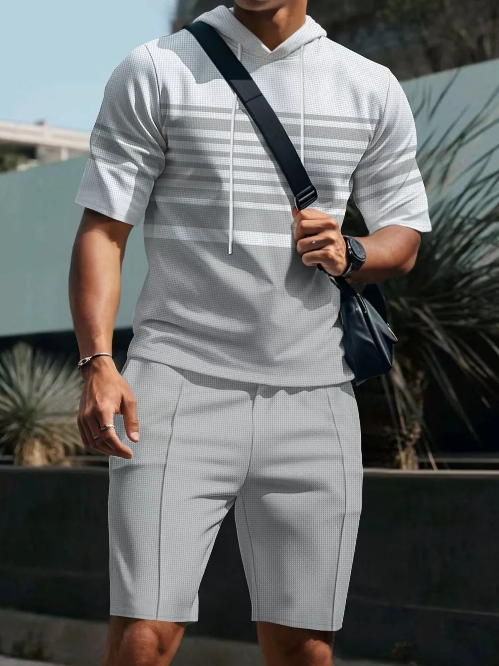 Men's Full Size Striped Short Sleeve Hoodie and Shorts Set Plus Size, image 4