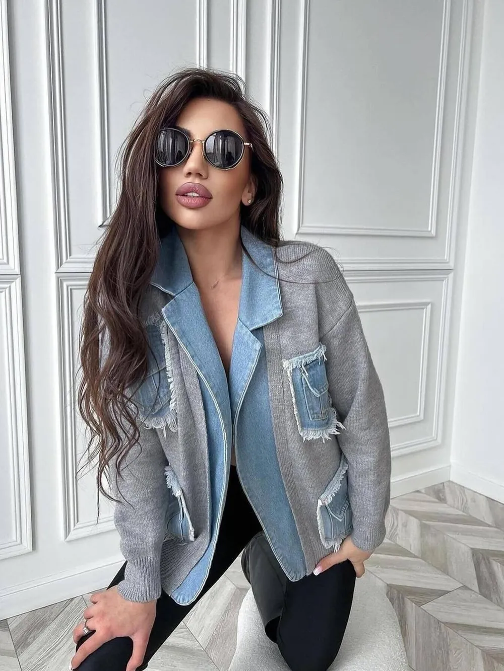 Raw Hem Denim Pocket Patchwork Cardigan, image 17