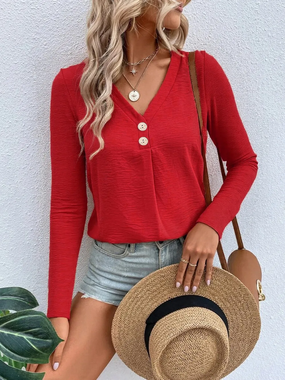 Full Size V-Neck Long Sleeve T-Shirt Plus Size, image 2