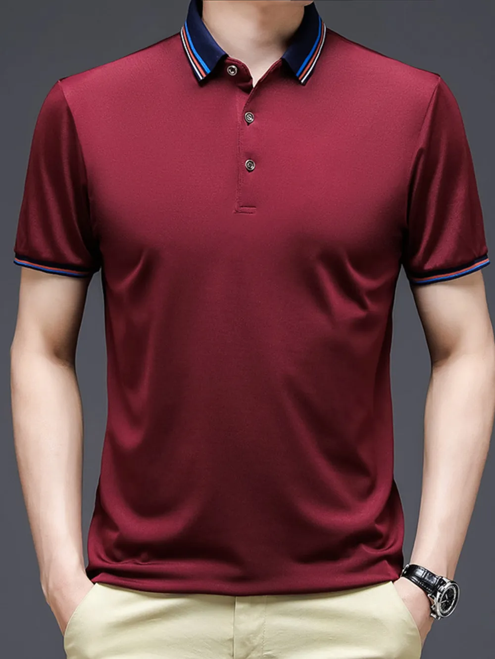 Men's Plus Size Contrast Striped Collar Short Sleeve Polo, image 5
