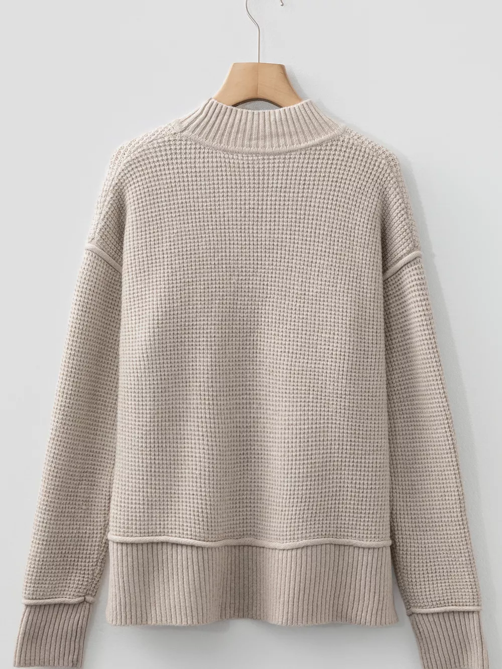Waffle Texture Knit Ribbed High Neck Drop Shoulder Sweater, image 11