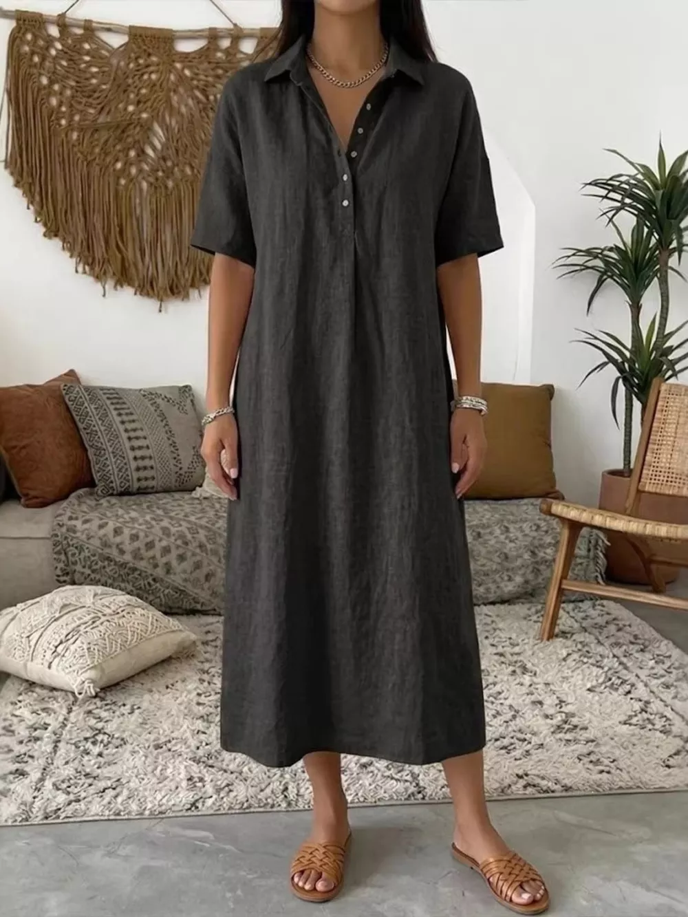 Full Size Button Detail Short Sleeve Midi Shirt Dress Plus Size