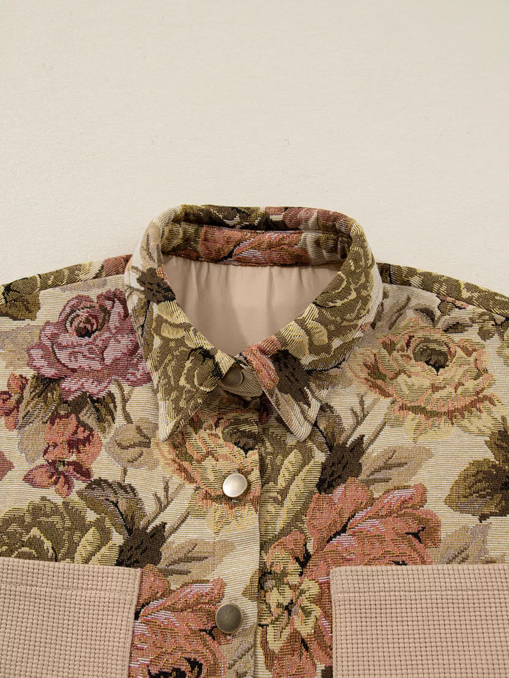 Floral Waffle Knit Patchwork Chest Pockets Buttoned Jacket, image 12