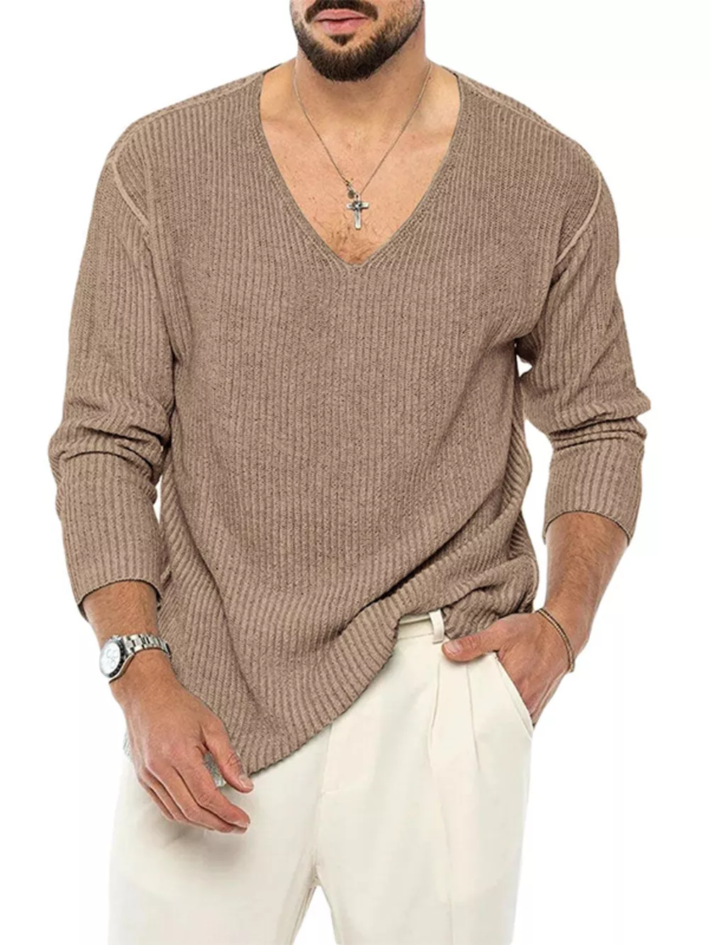 Men's Casual V-Neck Ribbed Knit Sweater, image 5